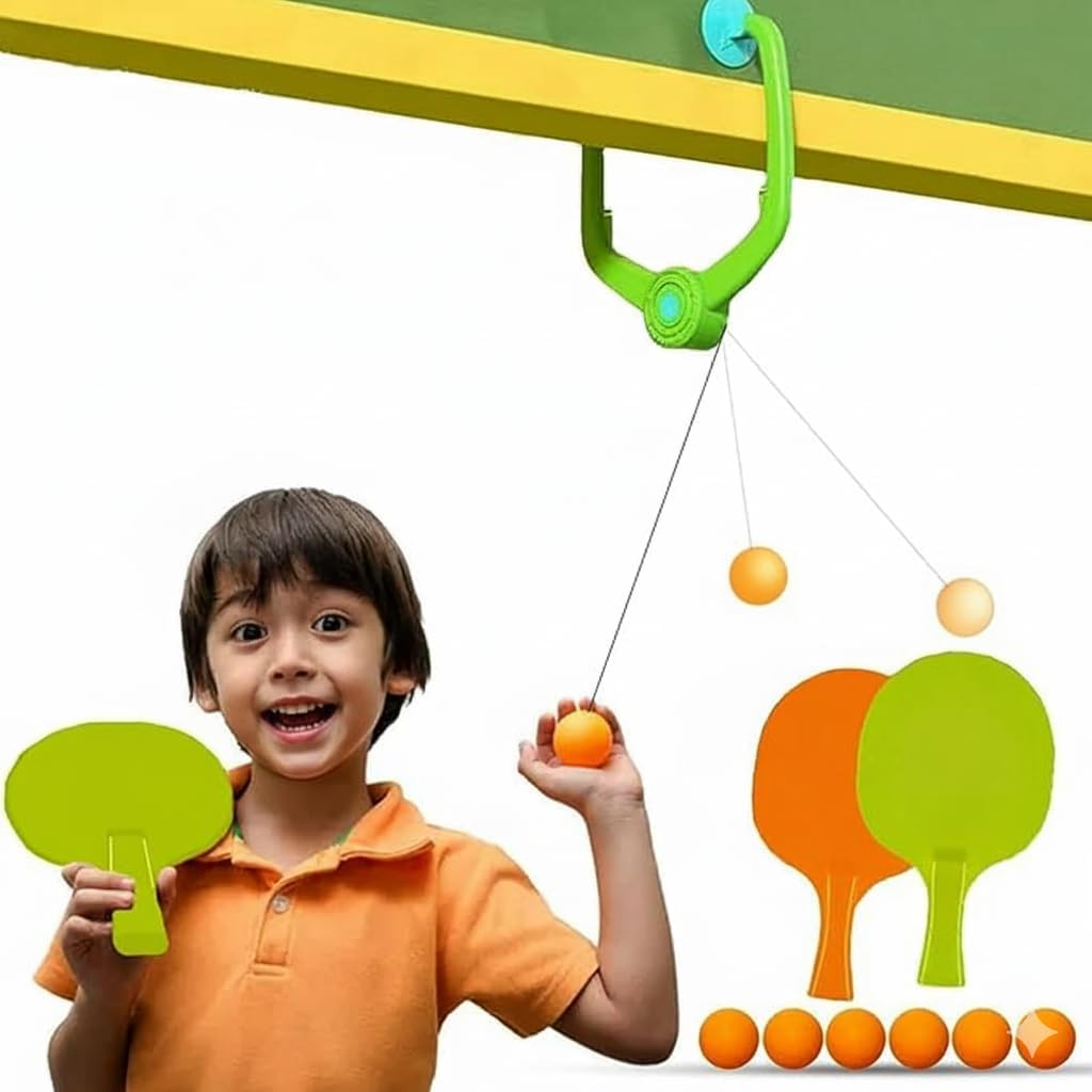 Kids Indoor Table Tennis Trainer | Door-Mounted Ping Pong Set with 2 Paddles & 5 Balls | Active Play Sports Game for Children Ages 5+ | Non-Toxic Sports Toy for Indoor Play-image-5
