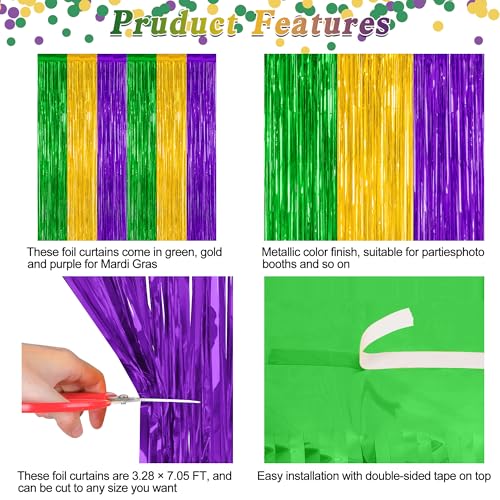 Image of ZATAYE 2 Pack Purple Gold Green Foil Curtain Streamer Decorations | Purple Gold Green, Metallic Foil, 3.28 x 7.05 FT, Tinsel Backdrop, Foil Curtain Streamer, Party Decorations