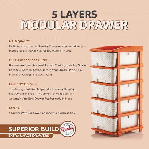 Image of HORPIN 5-Layer & Plastic Drawer Storage Organiser | Modular Kitchen & Toy Organizer For Kids Room | Home, Office, Parlor, School, Doctors, Home And Kids | Brown & White (5XL Set)