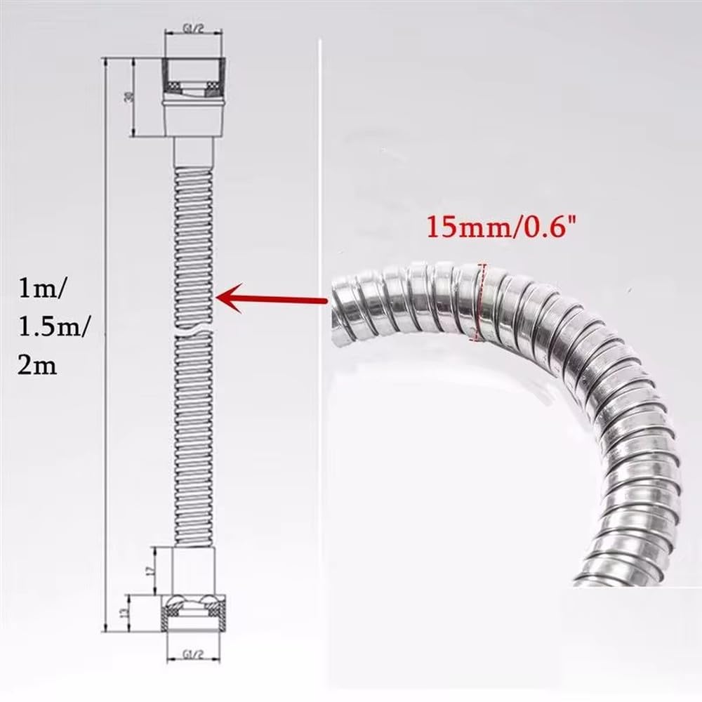 1,5 m, 2 m, 3 m, G1/2 Zoll, flexibler Duschschlauch, Edelstahl, Chrom, Badezimmer-Wasserkopf-Verlängerungsrohr(Black,Length: 200cm)