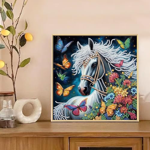 Image of 5D Special Shape Diamond Art Kits for Beginners, Diamond Art Painting Kits for Adults, Crystal Rhinestones Diamond Art Painting for Home Wall Decoration Gift 12x12 inch, White Horse Butterfly