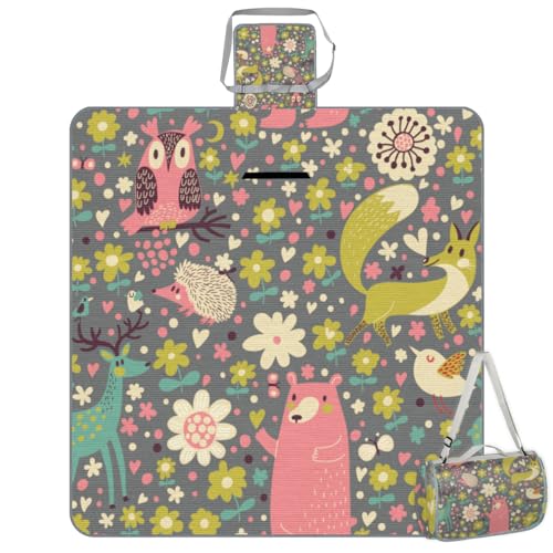 Shimoshe Picnic Blankets 57”x 59”, Fox Bear Hedgehog Bird Owl Flower Waterproof Sandproof Picnic Mat Lightweight Foldable Beach Blanket for Camping Park Grass Beach Outdoor Blanket