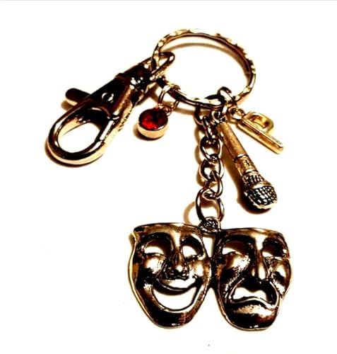 Personalised Comedy and Tragedy Keychain with Microphone Initial & Birthstone, Equity, Actor, Dancer, Graduation, Showbiz, Actress Gift