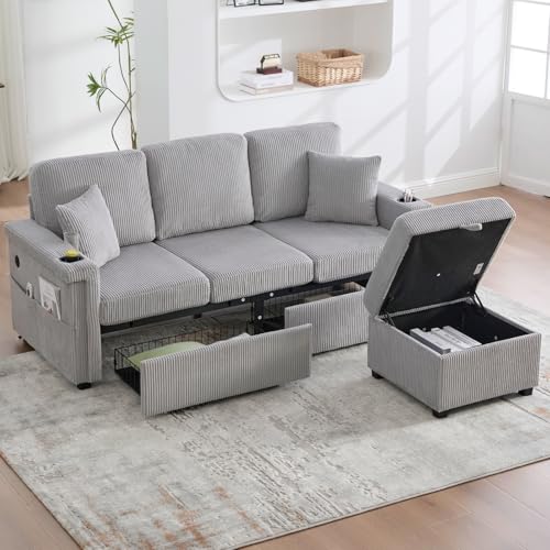 Sweiko Canapé 3 Places en Velours avec éclairage LED et Ports USB-C, Comprenant des Repose-Pieds avec Espace de Rangement, des Porte-gobelets Pratiques et...