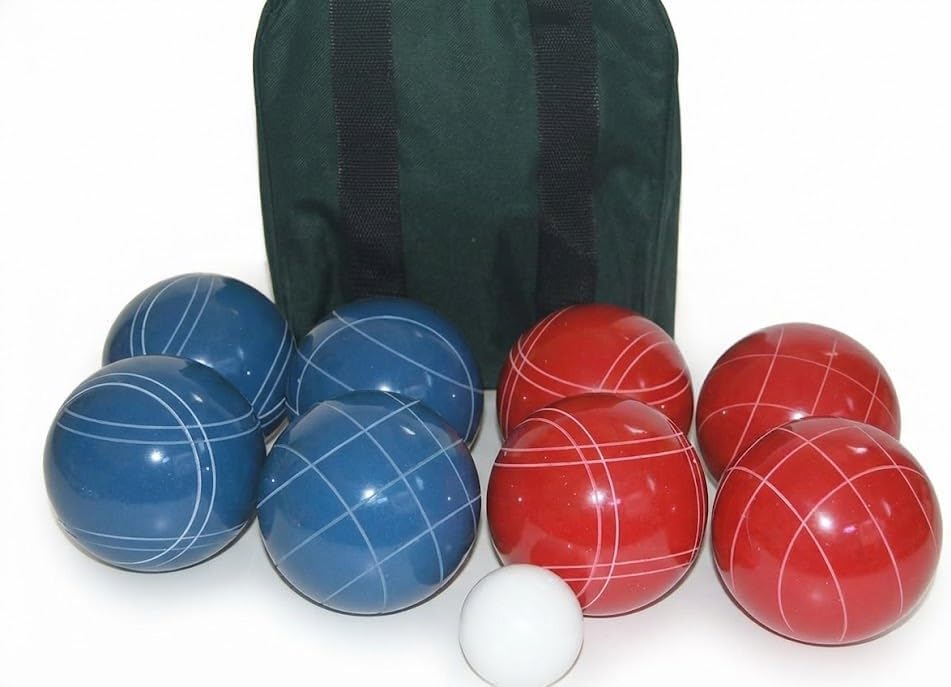 BuyBocceBalls Listing - Made in USA, Premium Quality Tournament Bocce Set - 110mm Blue and Red Balls, Nylon Green/Black Bag, 998 Grams (2 lbs. 3.2 oz.). Various Bag Colors