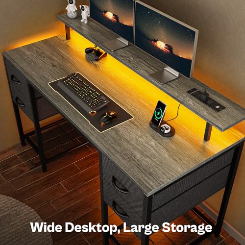 Image of Huuger 55 inch Computer Desk with 4 Drawers, Gaming Desk with LED Lights & Power Outlets, Home Office Desk with Large Storage Space for Bedroom, Work from Home, Gray
