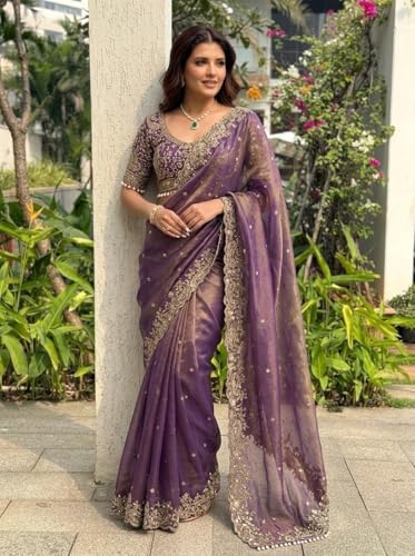 Image of ORHANS Women's Organza Silk Saree with Unstitched Blouse Piece Heavy Embroidery Work and Floral Pattern | Womens Sarees for Weddings | Party and Festivals Sari for Woman | Silk Saree