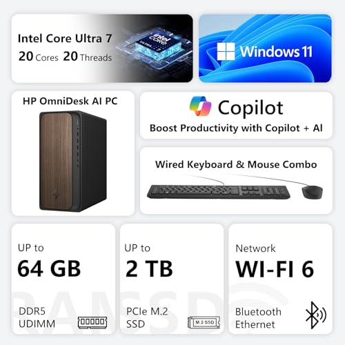 Image of HP OmniDesk M03 Business AI Desktop PC, Intel Core Ultra 7 265(>i7-14700), 8GB DDR5 RAM, 512GB SSD, 4-Monitor Support 4K, KB & Mouse, Wi-Fi 6, Windows 11 Pro, Recycled Metal, w / 64GB USB Flash Drive