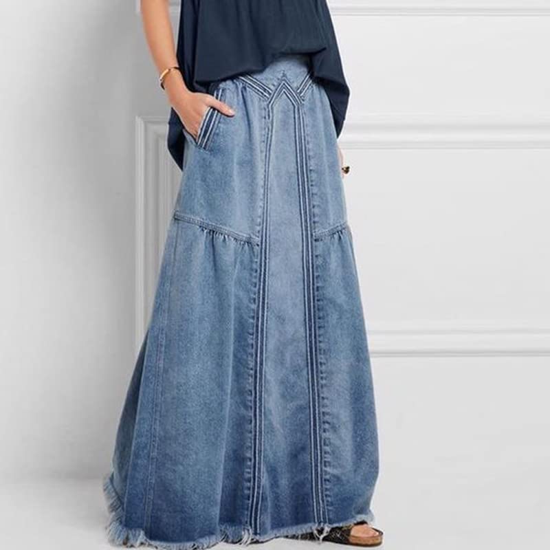 Women's Casual Elastic Large Size Women's Denim Skirt Waist Frayed Hem A-Line Distressed Hippie Long Maxi Denim Skirt4