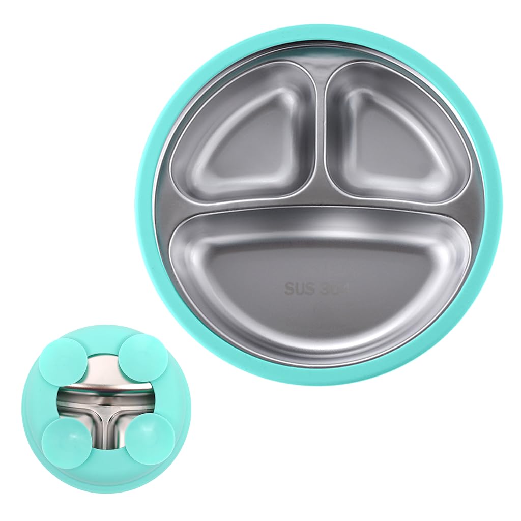 HASTHIP® 6.2'' Stainless Steel Kids Food Plate with Strong Suction Cups, 3-Compartment, Anti-Flip, BPA-Free, Toddler Self-Feeding, Mess-Free, Shallow Breakfast Snack Lunch Plate