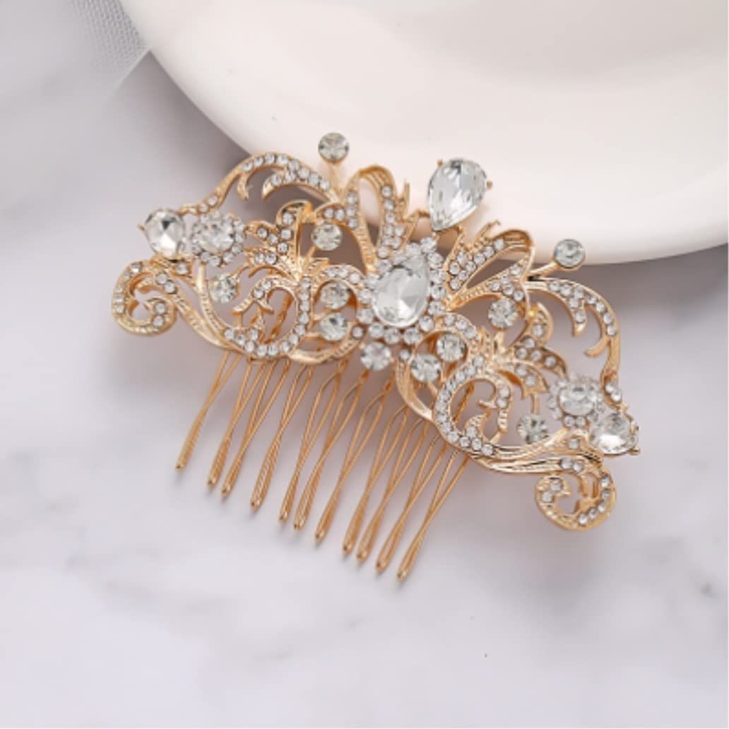 Grzebień do Włosów Biżuteria korona dla kobiet kryształowe grzebienie do włosów Rhinestone Pearl grzebień do włosów dla nowożeńców kobiety biżuteria do włosów ślub Ozdób do Włosów(Gold)