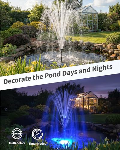 Image of POPOSOAP Pond Pump with LED Lights, 660GPH Submersible Pump RGB Pond Filter System with Adjustable Height & Water Flow for Garden Pond Fish Tank Day & Night Pond Decoration -P1104D