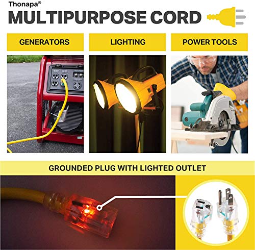 25 Foot Lighted Outdoor Extension Cord - 10/3 Sjtw Yellow 10 Gauge Cable With 3 Prong Grounded Plug For Safety - Great For Garden And Major Appliances #TOP3