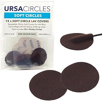 URSA Soft Circles Mic Tape: Reusable Lav Mic Tape Soft Covers | Wind Shield and Camouflage for Lavalier Mics | 15x Soft Lavalier Tape Circles + 30x Stickies | Microphone Tape Brown