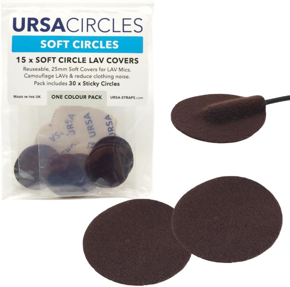 URSA Soft Circles Mic Tape: Reusable Lav Mic Tape Soft Covers | Wind Shield and Camouflage for Lavalier Mics | 15x Soft Lavalier Tape Circles + 30x Stickies | Microphone Tape Brown