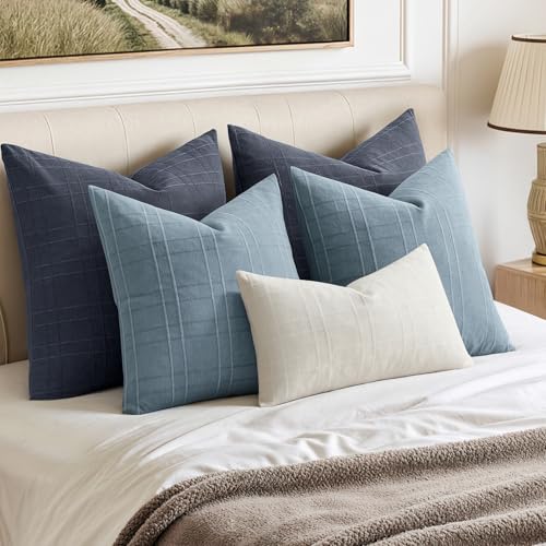 Image of MIULEE Decorative Linen Check Throw Pillow Covers Neutral Farmhouse Vintage Pillow Covers 20x20 Set of 2 Boho Modern Home Decor for Sofa Couch Bedroom Cushion Navy Blue