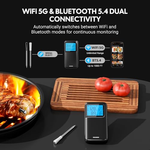 INKBIRD Wireless Meat Thermometer, 5G WiFi and 5.4 Bluetooth Meat Thermometer Digital Wireless for Grilling and Smoking, 5 Sensors, IP67 Dual Probes and Backlight LCD Display for BBQ Smoker Oven Grill