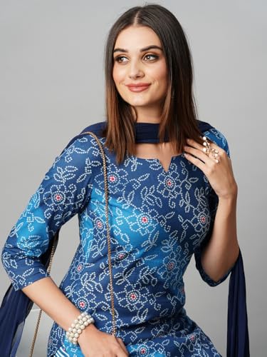 Image of GoSriKi Women's Cotton Blend Printed Straight Kurta with Pant & Dupatta