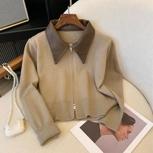 Cropped Cardigan Women Leather Collared Knit Sweater Zip up Jacket Aesthetic Cute Polo Sweater Fall 2024 Trendy4