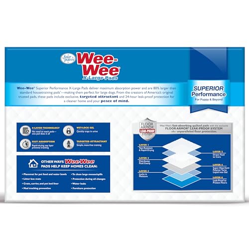 Image of Four Paws Wee-Wee Superior Performance XL Pee Pads for Extra Large Dogs, Leak-Proof Floor Protection Dog & Puppy Quilted Potty Training Pads, Unscented, 28 inch x 34 inch (150 Count)
