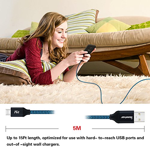 Micro Usb Charger Cable, [15 Ft] Durable Extra Long Usb 2.0 Charge Cord Compatible For Android/Windows/Smartphones/Samsung/Htc/Motorola/Nokia/Lg/Tablet And More(Blue) #TOP6
