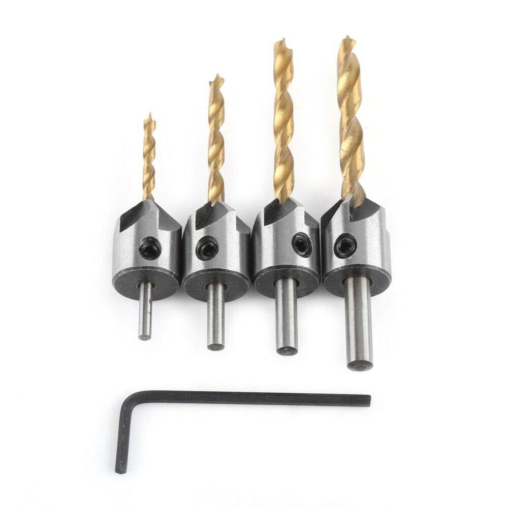 TOOLSTAR Countersink Drill Bit, 4PCS 3-6mm Woodworking Chamfer Counter Bit Set Adjustable Carpentry Reamer Plated for Wood DIY with 1 Hex Key Wrench (Titanium Coated)