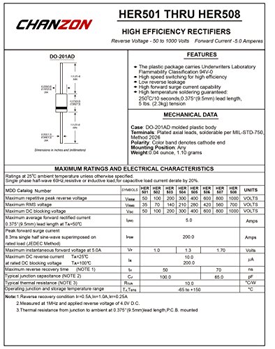 (Pack Of 20 Pieces) Chanzon Her508 High Efficiency Rectifier Diode 5A 1000V 50-70Ns Do-201Ad (Do-27) Axial 5 Amp 1000 Volt Electronic Diodes #TOP1