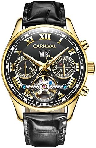 Carnival Mens Tourbillon Automatic Watch Stainless Steel Waterproof Luminous Black Dial Leather Watches (Black)