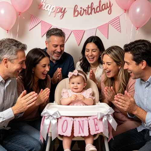 Image of Pink and White Striped ONE High Chair Banner Vertical Stripe Embroidered 1st Birthday Highchair Banner First Birthday Decorations for Girl (Pink Stripes)
