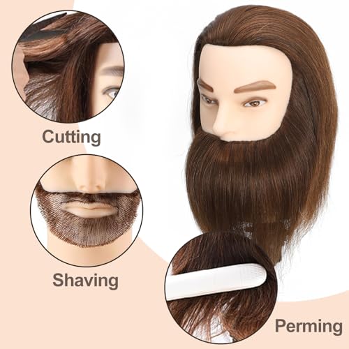 Männlicher Mannequinkopf, 100 % Echthaar mit Bart 30,5 cm, Trainingskopf, Kosmetologie, Puppenkopf, Übungskopf für Friseure, mit kostenloser Tischklemme