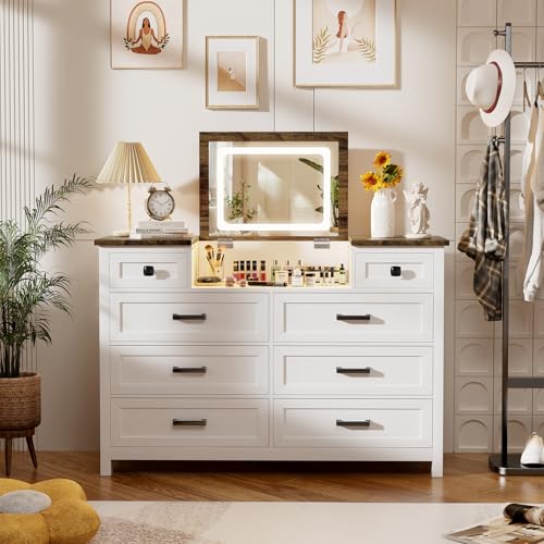 Dresser with Mirror for Bedroom, Chest of Drawers with LED Mirror, 8 Drawer Dresser with Charging Station, White Kids Dressers, Farmhouse Makeup Vanity with Storage for Bedroom