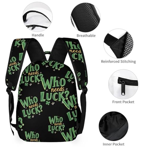 Irish St Day Partick Who Needs Luck Travel Backpack Lunch Box Pencil Case 3Pcs Set for Men Women Office Outing University3