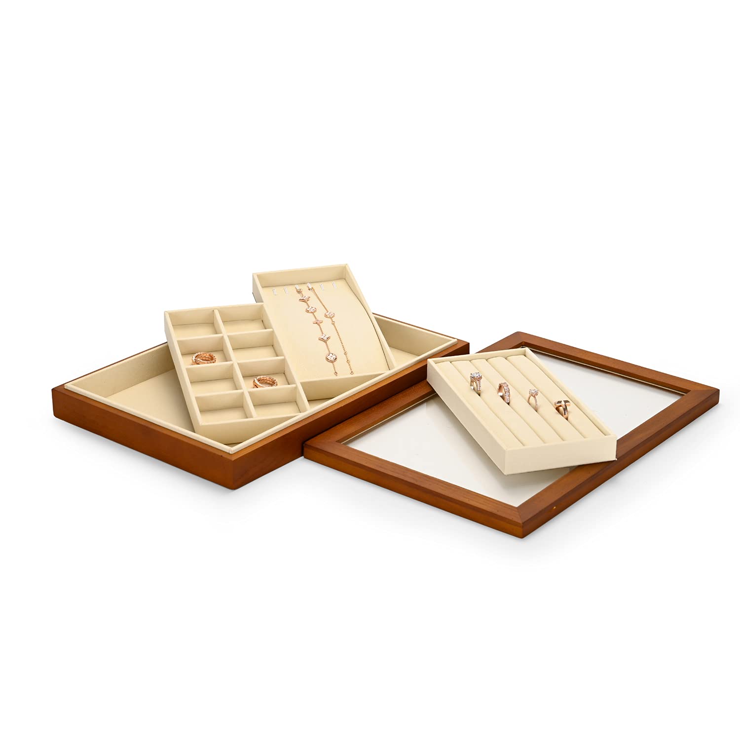 Oirlv Massivholz Ohrringe Schmuck Aufbewahrungsbox Armband Halskette Schmuck Display Box transparente Abdeckung Schmuck Aufbewahrungsbox Zuhause (beige (multifunktional))