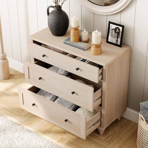 Image of WAMPAT Baby Dresser with 3 Drawers, Kids Dressers with Wide Chest of Drawers, Mid Century Modern Wooden Closet Storage Organizer, Small Dressers for Bedroom, Nursery, Hallway, Beige, 34 inch