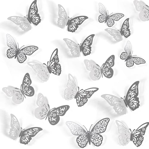 Crosize 48 Pcs Silver Butterfly Decorations, 4 Styles 3 Sizes, Wall Decor, 3D Butterfly Party Decorations, Butterflies for Crafts, Bouquet, Cake Decorating, Flower Arrangements, Room Décor