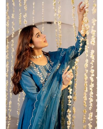 Image of Nermosa Women Embroidery Solid A-Line Kurta and Pant Set with Dupatta