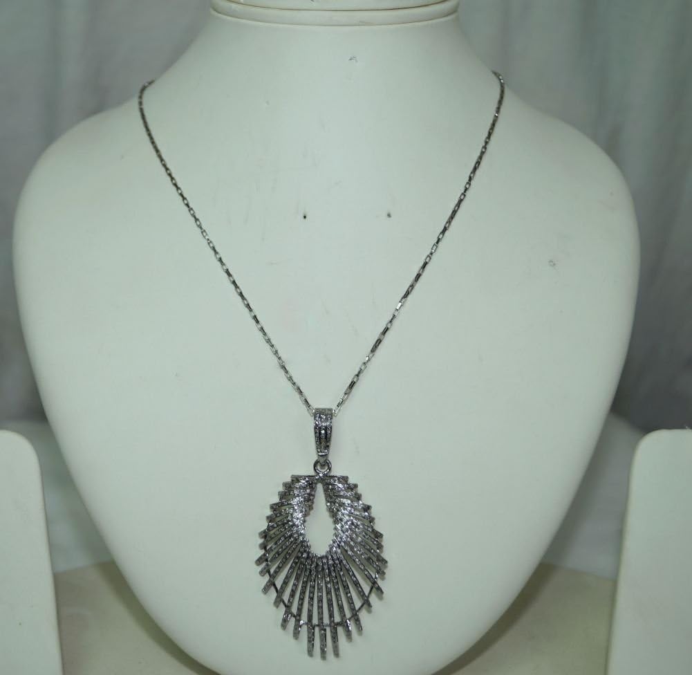 Estate fashion 3.80ctw pave diamond drop shaped designer pendant sterling silver necklace