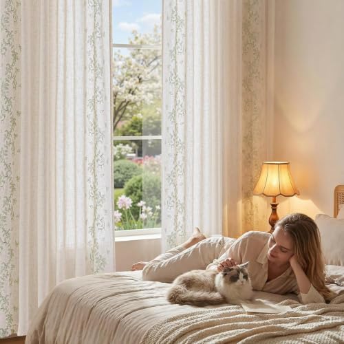 Image of jinchan Floral Linen Curtains, Back Tab 50x84 Inch, 2 Panels Sage