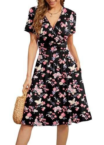 Image of WEACZZY Women's Summer Short Sleeve Casual Dresses V-Neck Floral Party Dress with Pockets