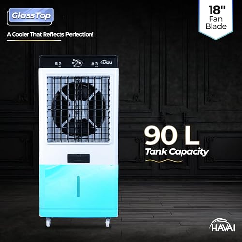 Image of HAVAI Premium Glass Top GT 18 Air Cooler | 90L Tank Capacity | 18 inch Fan Blade | 250W Power | 75ft Air Throw | 3-Side Honeycomb Cooling | Sleek Glass Top Design | 4 Castor Wheels