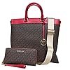 Michael Kors Jet Set Travel Large Brown MK Signature Flame Red NS Tote Bag Bundled wth Jet Set Large Continental Zip…