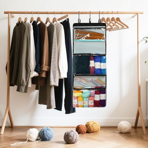 Image of Hanging Yarn Storage Organizer,Foldable Large Capacity Yarn Storage Bag for Crocheting with 5 Zipper Closure Compartments for Yarn Balls,Crochet＆Knitting Needle