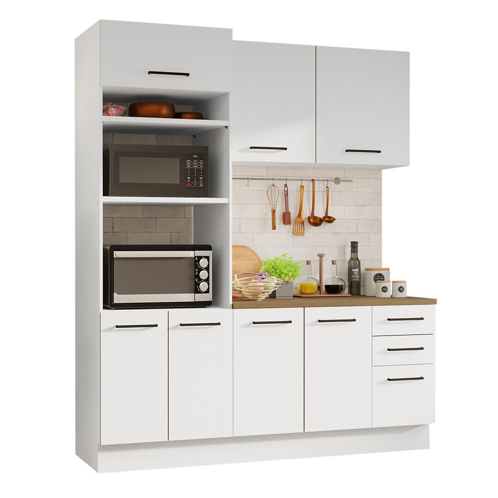 madesa hazel 3-piece kitchen storage set with 3 door pantry cabinet wall cabinet base cabinet with drawers 74 inch wooden modern organization units for pantry - white