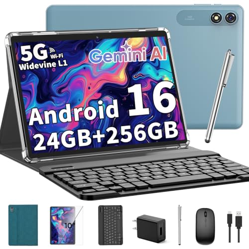 Image of 2026 10 Inch Tablet, Android 16 Tablet with Keyboard, Gemini AI, 24GB+256GB+2TB Expand, 2 in 1 Tablets with 8-Core, 5G WiFi, 8000mAh, GMS, GPS, Electronic Tablets PC with Mouse, Case, Stylus (Green)