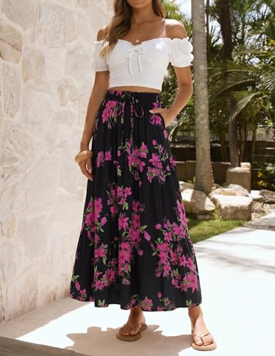 Image of ZESICA Women's 2026 Summer Bohemian Floral Printed Elastic Waist A Line Maxi Skirt with Pockets