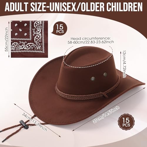 Image of Coume 15 Set Western Cowboy Hat Costume Accessories Paisley Bandanna Cowgirl Hats Bulk for Adult Women Men Dress Party