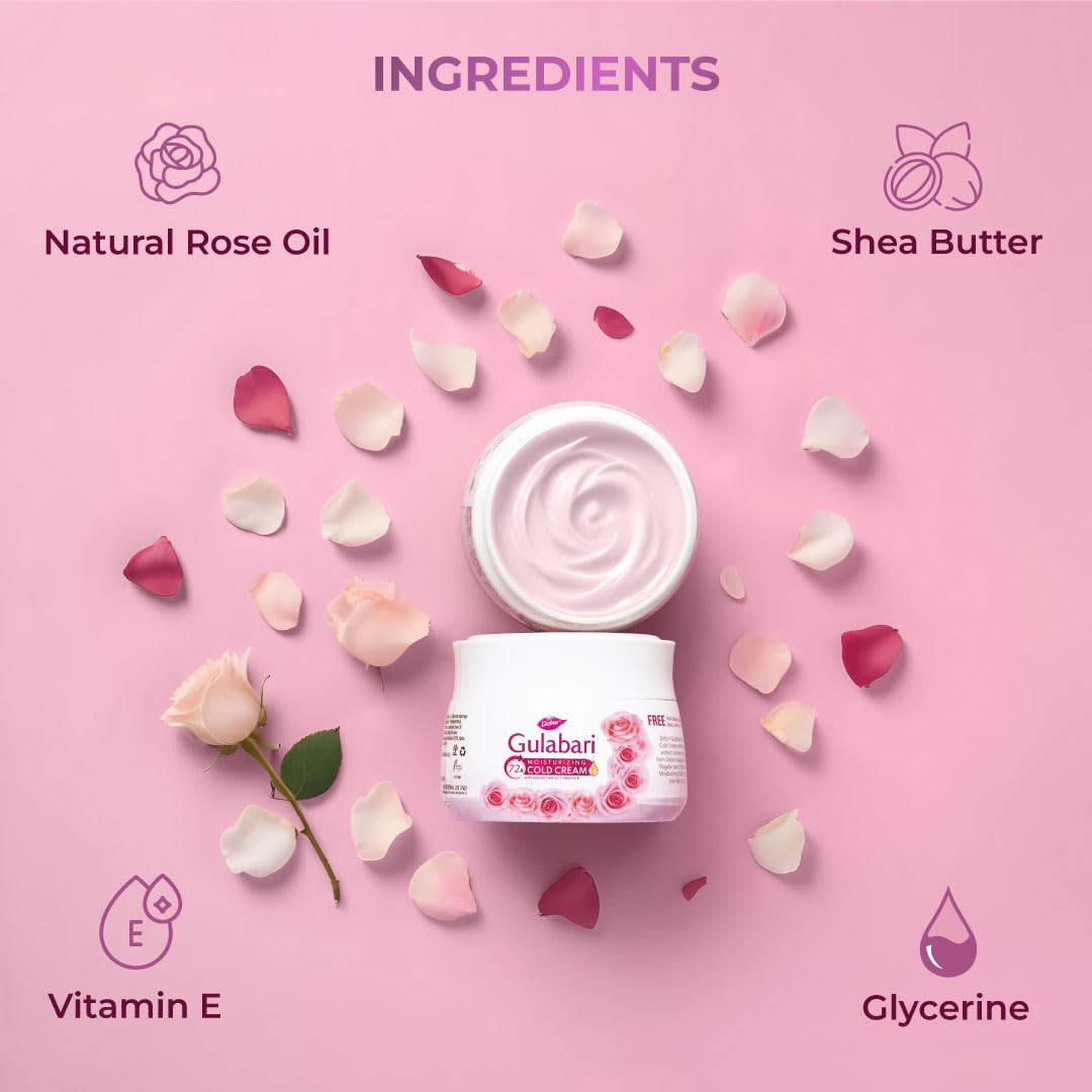 Dabur Gulabari Moisturizing Cold Cream 100gm + Lip Balm 8gm (Free) | With Goodness of Natural Rose Oil & Vitamin E | Intense Hydration and Deep Moisturization | For Smooth & Soft skin | All Skin types 4