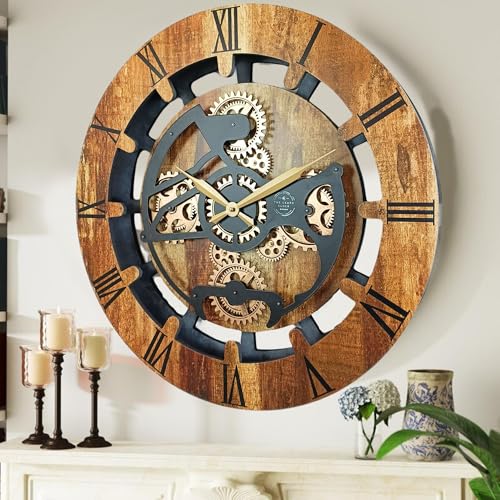 THE GEARS CLOCK - Horloge murale avec engrenages réels en mouvement Canada Line 24 pouces rond (Brun vintage, 60 cm)