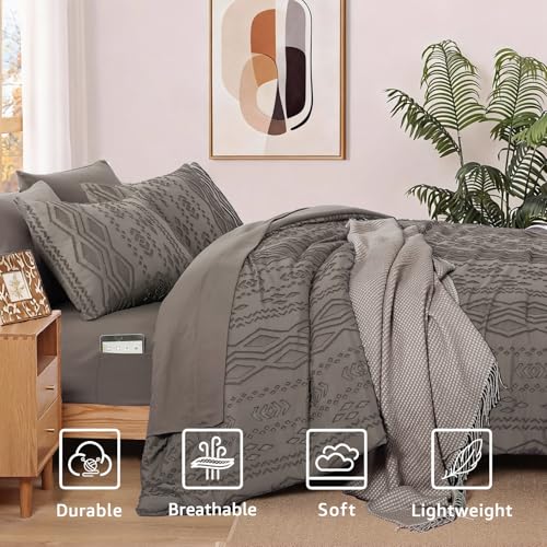 Image of King Size Comforter Set- 7 Pieces Tufted Bed in a Bag King Bedding Sets | All Season Shabby Chic Boho Bedding with Comforter, Sheets, Pillowcases & Shams, Grey