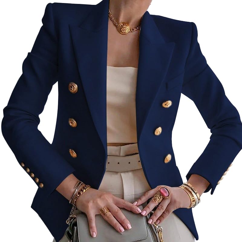 Womens Double Breasted Long Sleeve Blazer Lapel Open Front Jacket Solid Color Jacket Office Work Clothes